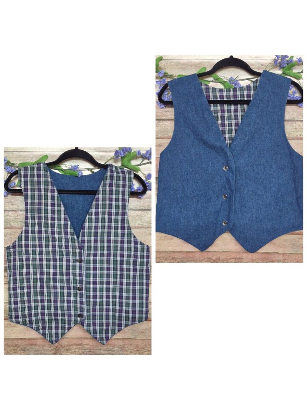 VTG Handmade Unisex S/M Blue Denim Jean Vest Plaid Reversible Country Cottage